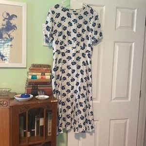 Boden midi floral polka dot navy on white tea dress vintage style 40s look